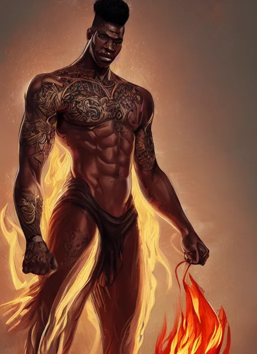 Prompt: a highly detailed illustration of attractive young african guy with flat top hair with flaming tattoos, dramatic standing pose, intricate, elegant, highly detailed, centered, digital painting, artstation, concept art, smooth, sharp focus, league of legends concept art, wlop