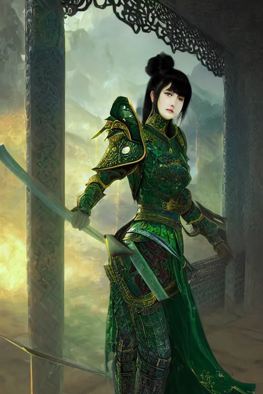 Image similar to portrait black hair young knights of Dynasty Warriors girl, metallic green armor, in ruin fire chinese palace sunrise, ssci-fi and fantasy, intricate and very beautiful and elegant, highly detailed, digital painting, artstation, concept art, smooth and sharp focus, illustration, art by tian zi and WLOP and alphonse mucha