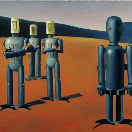 Image similar to robots stage a rebellion, grant wood, pj crook, edward hopper, oil on canvas