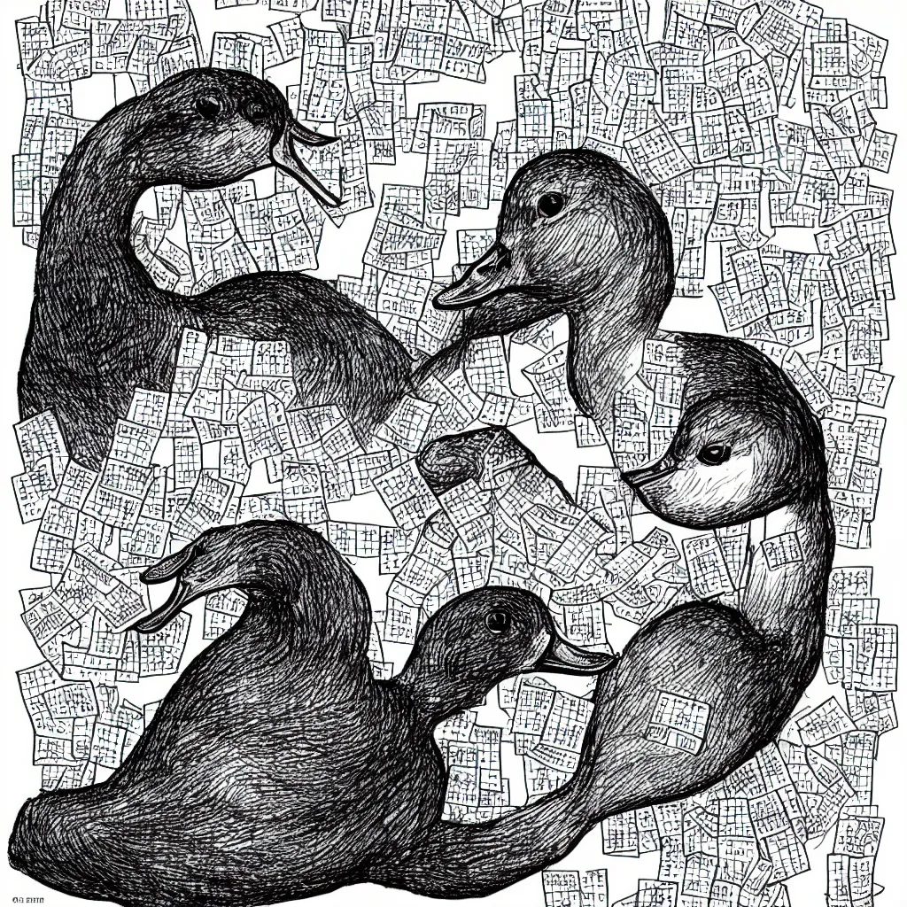 Image similar to A duck doing a crossword puzzle in the style of a New Yorker cartoon.