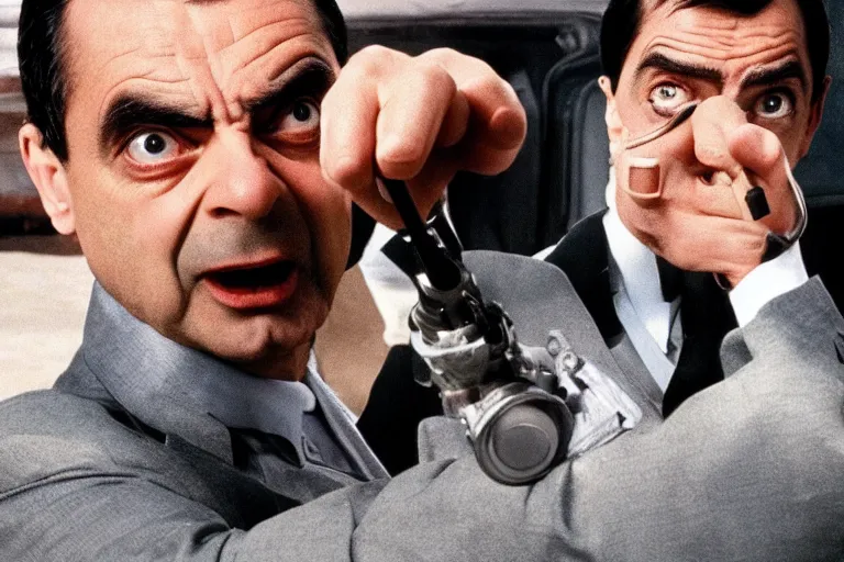 Image similar to mr bean from 1 9 9 0 s as james bond in an action scene fighting a villain, professional photography, 8 k, cinematic