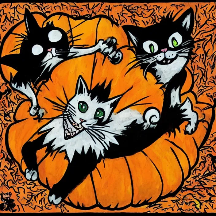 Prompt: cat jumping out of a pumpkin by todd mcfarlane and tim burton