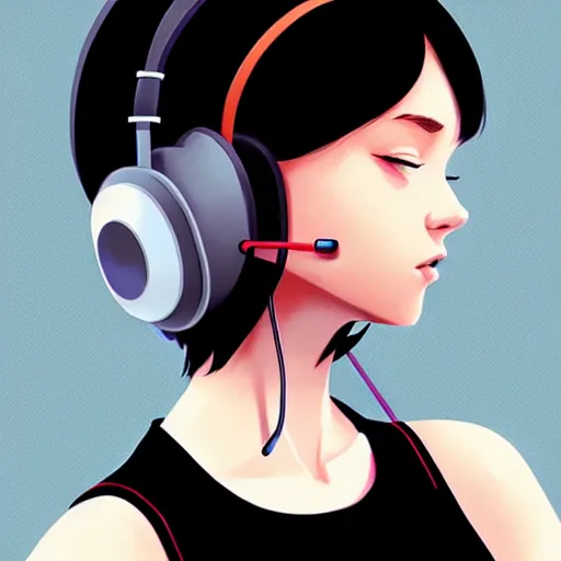 Prompt: a woman with headphones on, digital painting masterpiece, by ilya kuvshinov and rockin'jelly bean