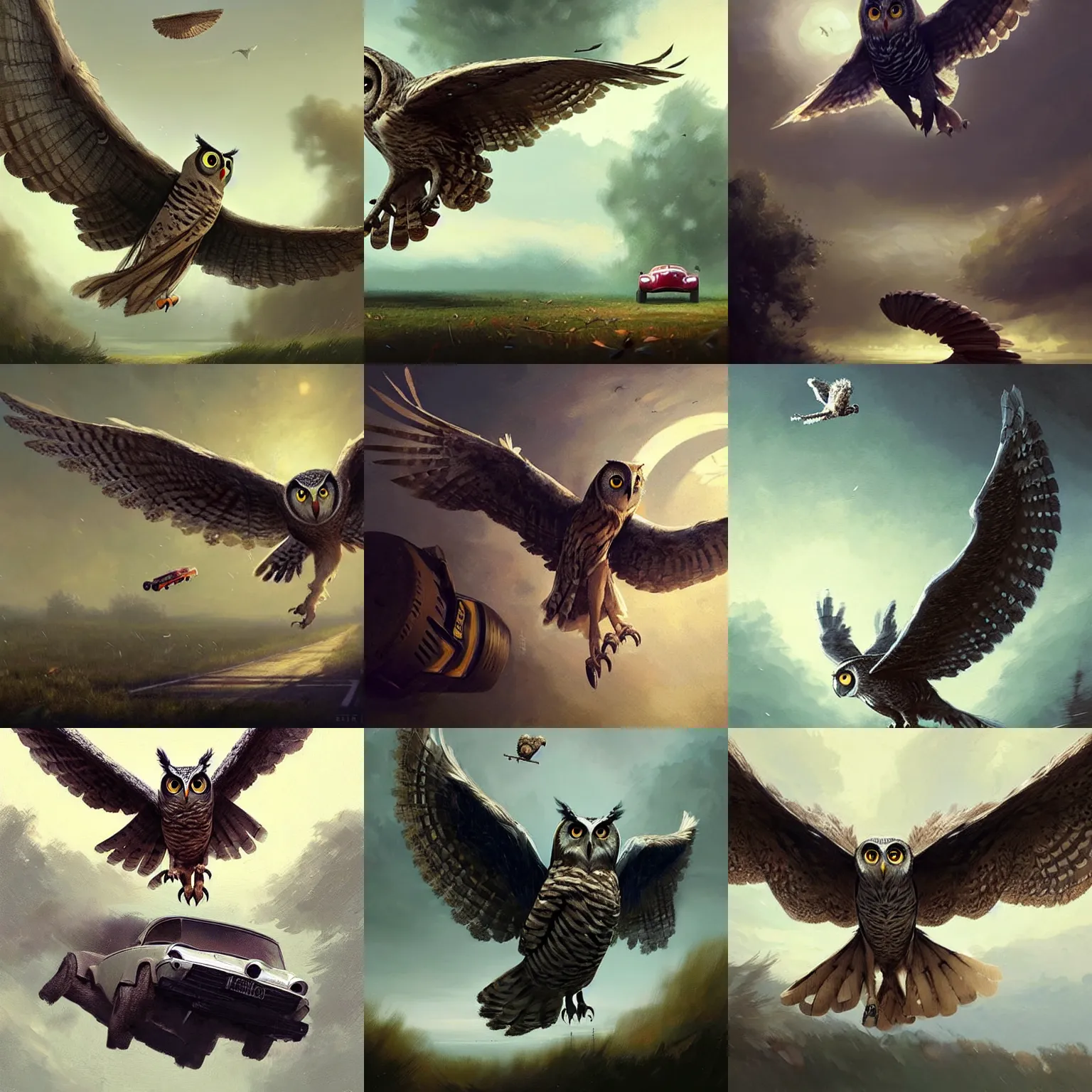 Prompt: a giant owl flying off with a toy car in its talons, digital art by greg rutkowski