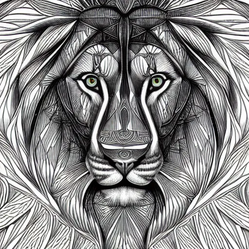 Image similar to a symmetrical portrait illustration of a lion hand drawn sketch on artstation 4 k intricate extremely detailed digital art by alex grey infinite wisdom sacred geometry