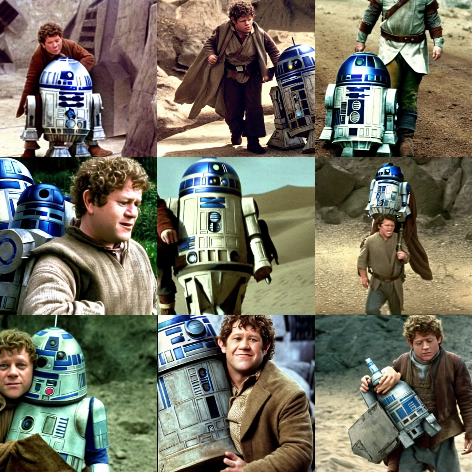 Prompt: Samwise Gamgee carrying R2-D2 in the movie Star Wars