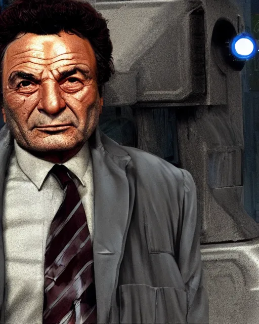 Image similar to Peter Falk's Detective Columbo as a droid, hyperdetailed, full body, LED effects, glowing eyes, professional paint job, standing in a city street, distressed paint, photoreal, caustics, octane render, redshift render, Vray render, all in focus, unreal engine, post processing, ultra detailed, trending on artstation