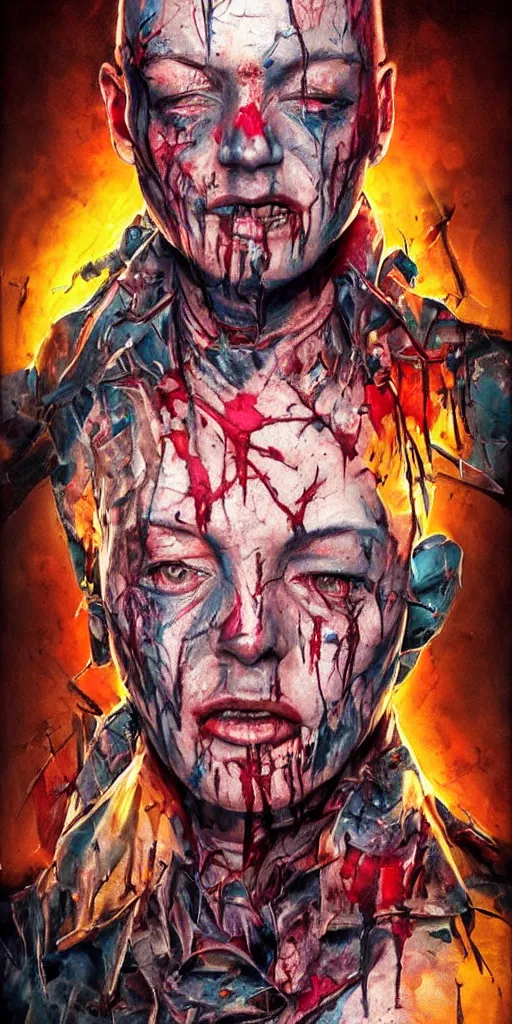 Image similar to Bright, colorful, realistic Serial killer rpg single individual headshot gore covered with scars and tattoos screaming, backlighting, kodachrome, high contrast, highly detailed, sharp focus, digital painting, concept art, illustration, trending on artstation, comic book by Alex Ross cover art