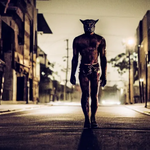 Image similar to empty street, mayan jaguar warrior, portrait, at night, by addy campbell, cinematography by quetzalcoatl