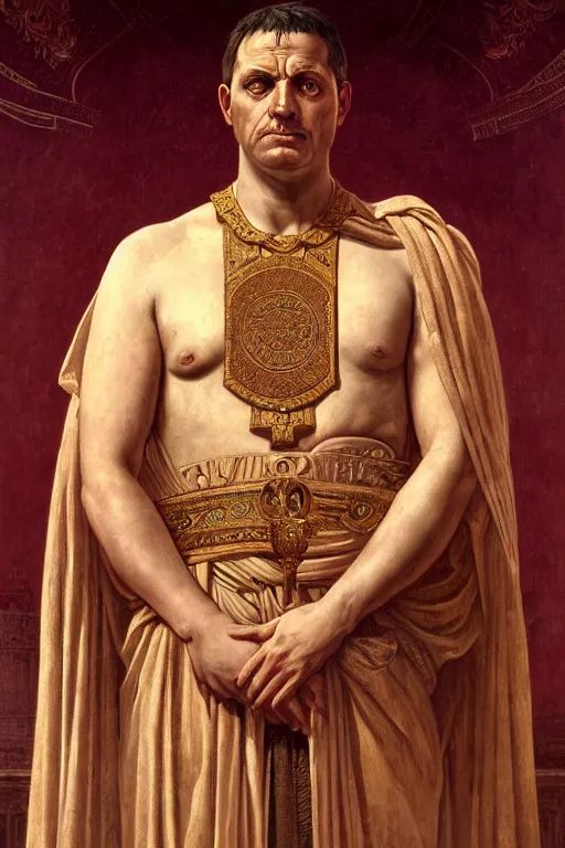 Prompt: ancient rome emperor, realistic portrait full body, symmetrical, highly detailed, digital painting, artstation, concept art, smooth, sharp focus, illustration, cinematic lighting, art by artgerm and greg rutkowski and alphonse mucha