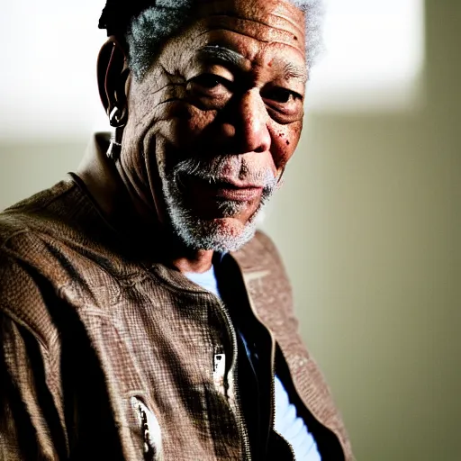 Prompt: a candid portrait photograph of Morgan Freeman starring as rapper Travis Scott in the style of Chi Mondu, shallow depth of field, 40mm lens