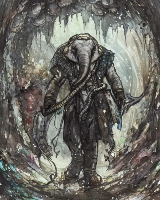 Image similar to Loxodon Druid covered in mushrooms, drawn by Yoji Shinkawa, water color, Dungeons and Dragons, Wizards of the Coast, full shot