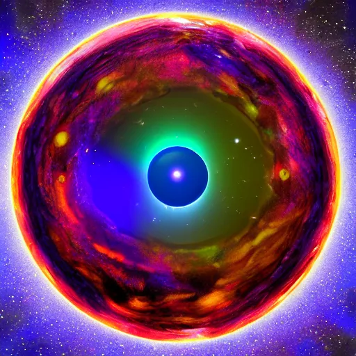 Prompt: cosmic eye big colorful iris in glass sphere at the center of the universe, 4k , trending on artstation , 3d render , vivid color