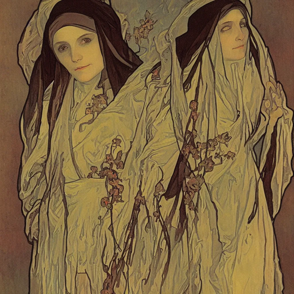 Prompt: A beautiful portrait of one skeleton nun in Impressionism style by Alphonse Mucha,oil on canvas