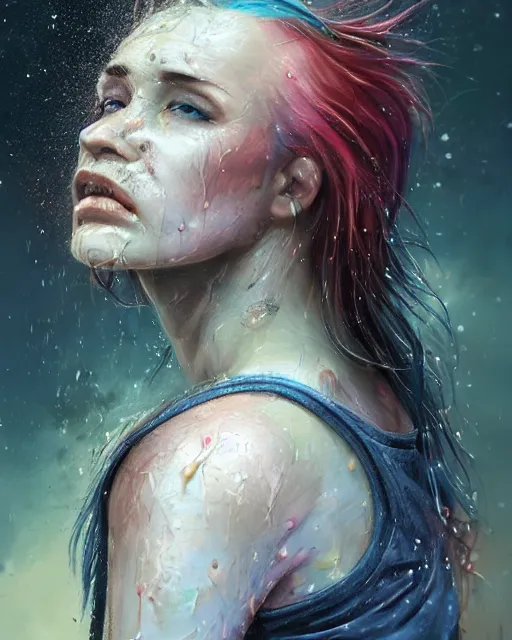 Prompt: attractive grungy woman with rainbow hair, drunk, angry, soft eyes and narrow chin, dainty figure, long hair straight down, torn overalls, nebula background, side boob, blows smoke, wet shirt, wet, raining, highly detailed face, realistic face, beautiful detailed eyes, fantasy art, in the style of greg rutkowski, illustration, epic, fantasy, intricate, hyper detailed, artstation, concept art, smooth, sharp focus, ray tracing, vibrant,