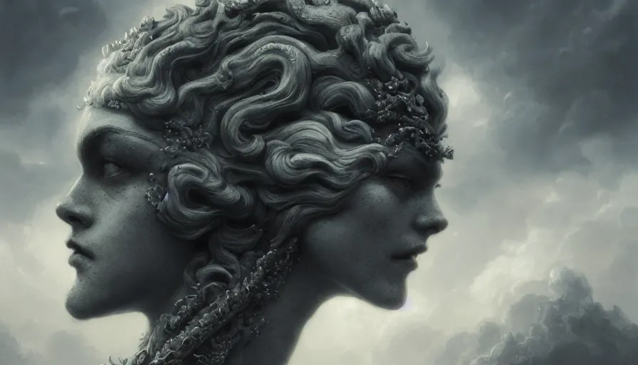 Image similar to face in the clouds, face made out of clouds, fantasy, dramatic, intricate, elegant, highly detailed, digital painting, artstation, concept art, smooth, sharp focus, illustration, art by gustave dore, octane render