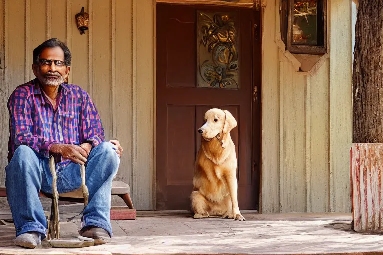 Prompt: Indian man on the country western porch with his golden retriever by Steven Spielberg