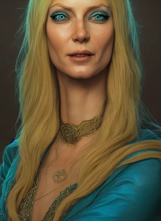 Prompt: an epic fantastic realism comic book style portrait painting of galadriel, teal energy, female, golden hair, d & d concept art, unreal 5, daz, hyperrealistic, octane render, cosplay, rpg portrait, dynamic lighting