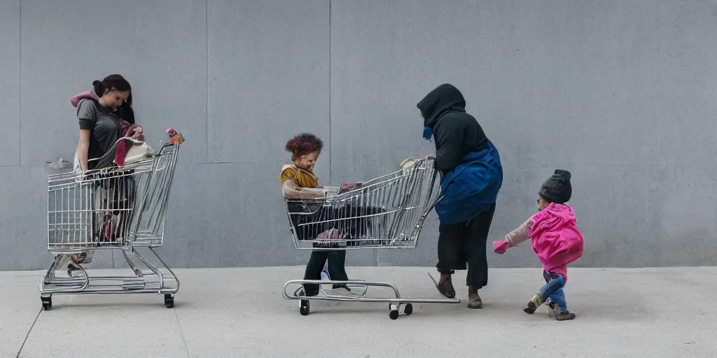 Image similar to homeless mother pushing a shopping cart with a child riding in it, in front of a blank wall, hyperrealistic