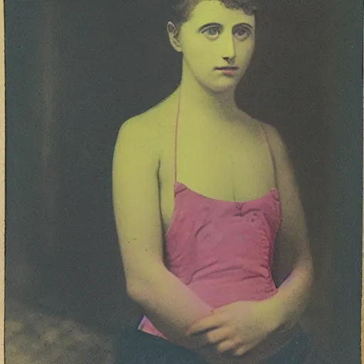 Image similar to a lonely girl in an empty room, colored daguerreotype, by Mackintosh, by max Ernst, art noveau, bright pastel colors,