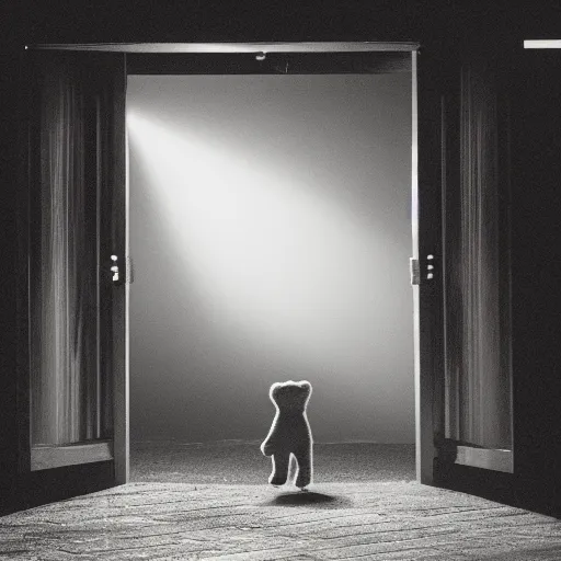 Image similar to dark photograph of a small bear mascot with a spotlight focused on him walking through a large wooden doorway