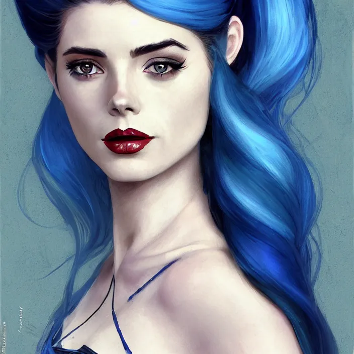 Image similar to portrait of a combination of Ashley Greene, Adriana Dxim, Grace Kelly and Lily Collins with blue hair as Harley Quinn, countryside, calm, fantasy character portrait, dynamic pose, above view, sunny day, thunder clouds in the sky, artwork by Jeremy Lipkin and Giuseppe Dangelico Pino and Michael Garmash and Rob Rey and Greg Manchess and Huang Guangjian, very coherent asymmetrical artwork, sharp edges, perfect face, simple form, 100mm