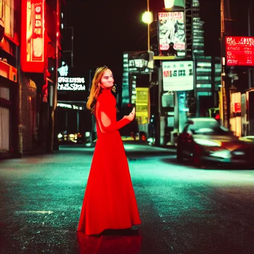 Prompt: a beautiful woman in a red dress standing on a bustling cyberpunk city street at night