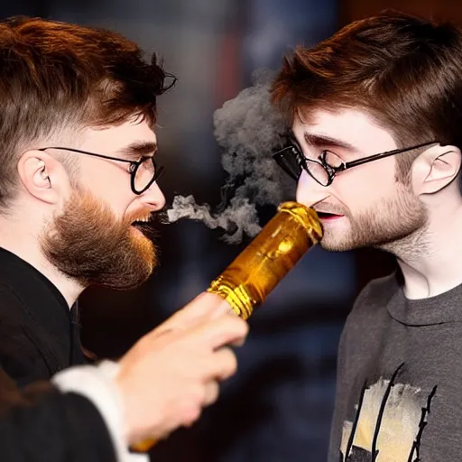Prompt: daniel radcliffe exhaling a large puff of smoke from his custom gold laced bong