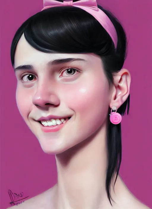 Image similar to portrait of teenage girl, realistic, black hair, bangs, half updo hairstyle, pointy nose, skinny, smile, ugly, defined jawline, big chin, pink hair bow, earrings, intricate, elegant, glowing lights, highly detailed, digital painting, artstation, sharp focus, illustration, art by wlop, mars ravelo and greg rutkowski