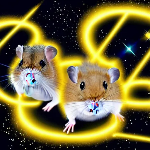 Image similar to hamsters in a james bond film with lasers on their mounted on their heads, digital art