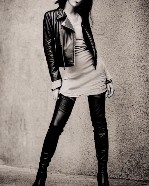 Image similar to young woman in her 20s, she wears a leather jacket and knee high boots, full body portrait, taken by a nikon, intricant, cinematic, wonderful dark hair