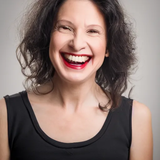 Image similar to professional headshot of an elegant female vampire in her 4 0 s smiling confidently at the camera. she has long vampire fangs, and thick blood dripping down her chin. high resolution, nikon camera 8 k