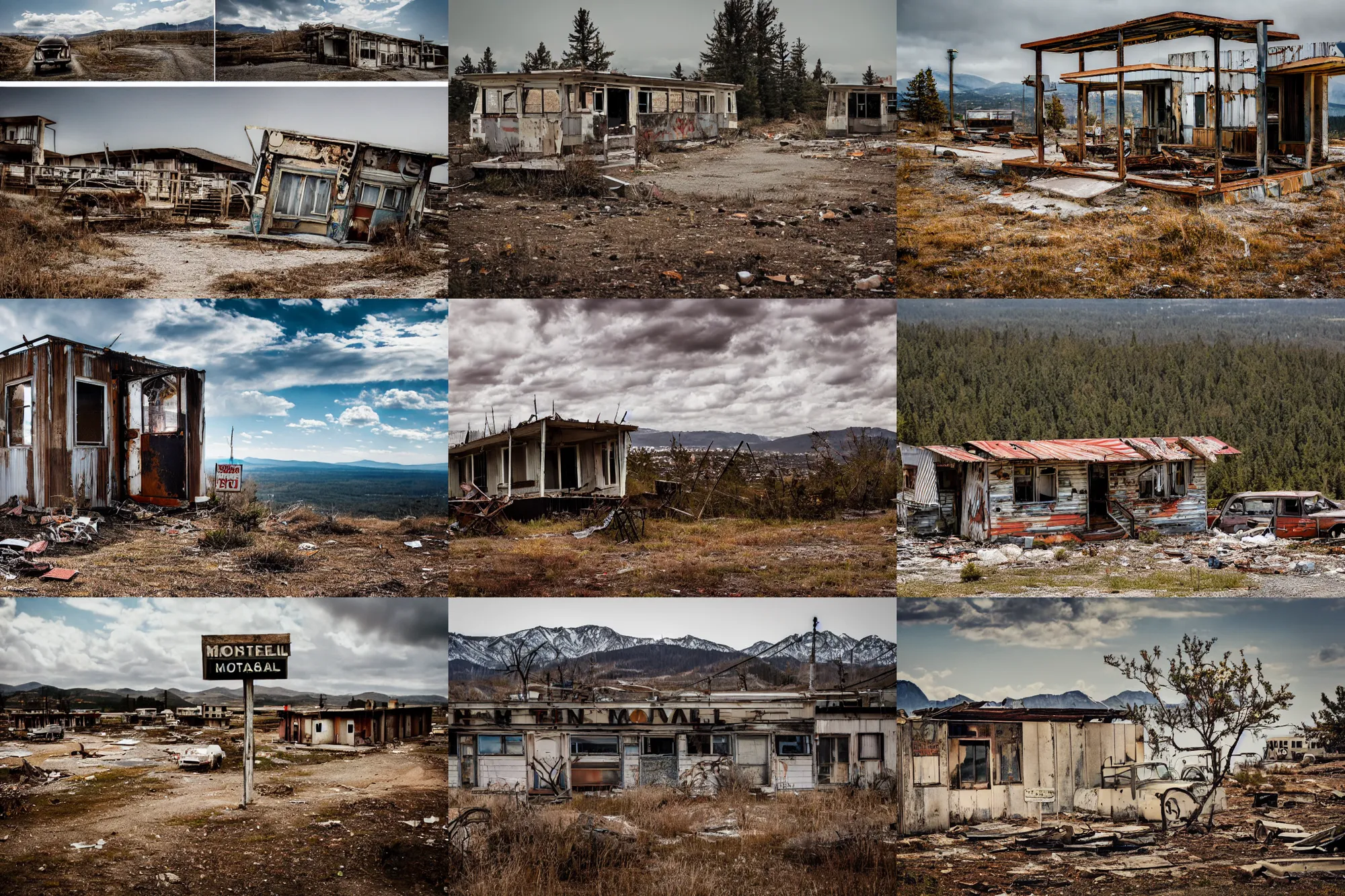 Prompt: travel photography, an abandoned motel made of scrap metal and scrap wood, at the top of a mountain, overlooking a wasteland, depth of field, bokeh