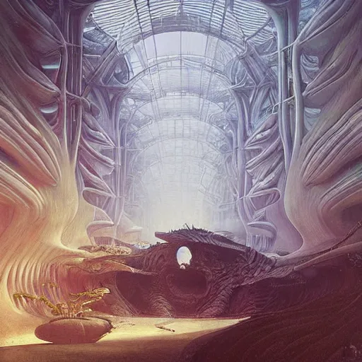 Prompt: epic alien jungle by zdzisław beksinski, greg rutkowski inside a giant futuristic mall by zaha hadid