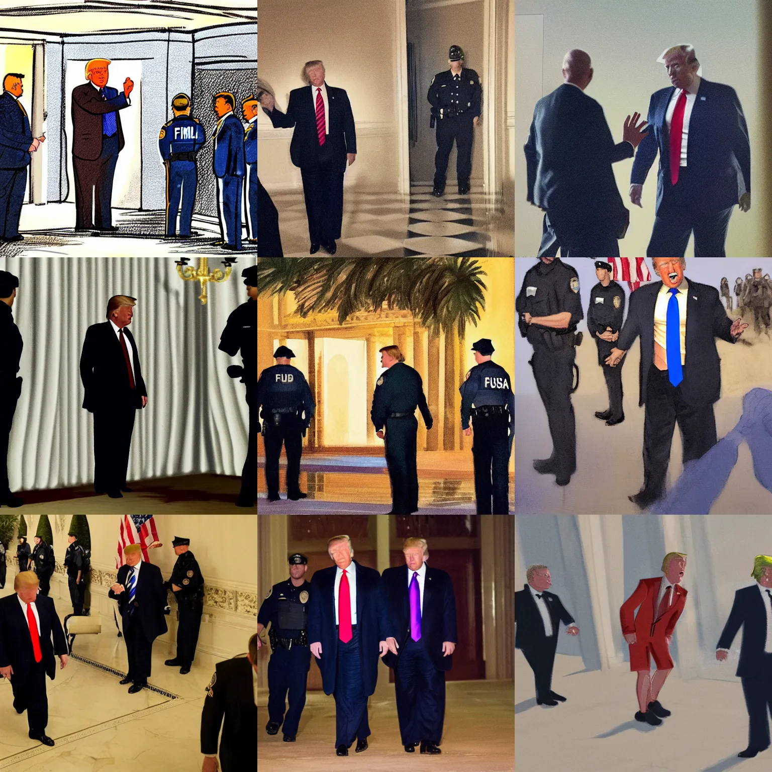 Prompt: Donald Trump getting arrested by the FBI at Mar-a-Lago, photorealistic, dramatic lighting