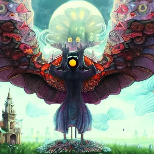 Image similar to 8K Portrait of centered chest up of a psychedelic godlike mothman with giant mandala wings smoking a hand-rolled cigarette smoking heavily , magic mushroom village in background , post-processing , award winning. superb resolution. in the art style of junji Ito and greg rutkowski . Detailed Mushroom city in background. Hyper realistic anime. Perfect art. Dalle2