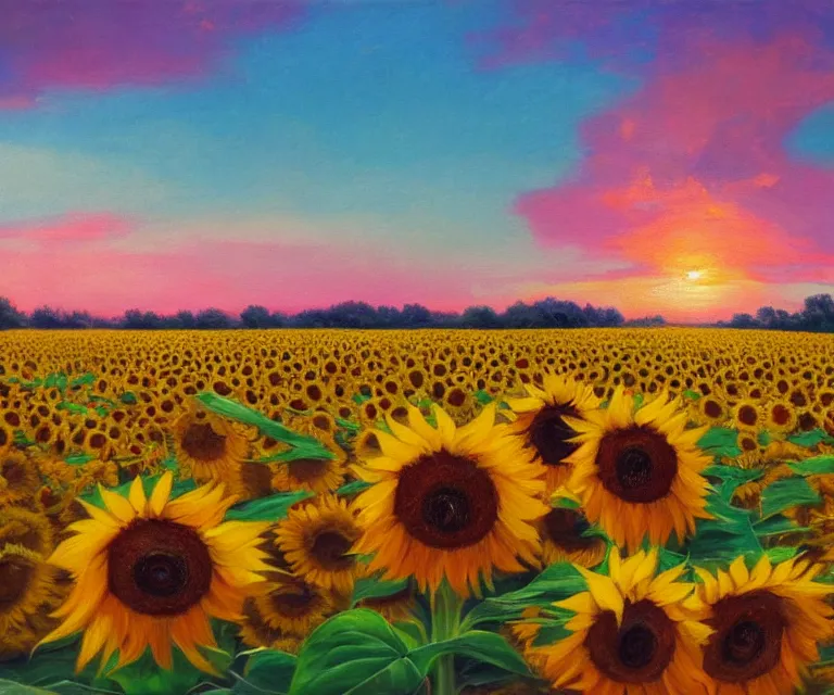 Image similar to sunflowers, william henrits, hovik zohraybyan, oil painting, bright colors, pink skies, sunrise, peaceful, serene, joy