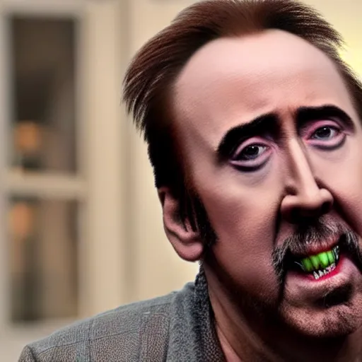 Image similar to nicolas cage trapped in a wicker cage upset with a mouth full of peas