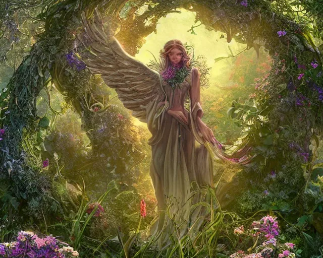 Image similar to a majestic winged male garden angel with a mossy beard, he is covered in vines and flowers standing in front of a beautiful cottage, a digital painting by thomas canty and thomas kincade and ross tran, art nouveau, atmospheric lighting, trending on artstation
