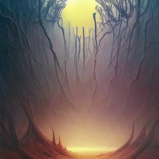 Prompt: a beautiful and ominous matte painting of an exotic alien planet with strange carnivorous plants, twisted bony trees, crashed spaceship submerged in fog beneath the setting sun by karol bak and beksinski and wayne barlowe, exquisite detail, post processing, sharp focus, deep colors