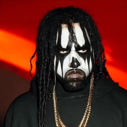 Image similar to Kanye West wearing corpse paint, performing in black metal concert