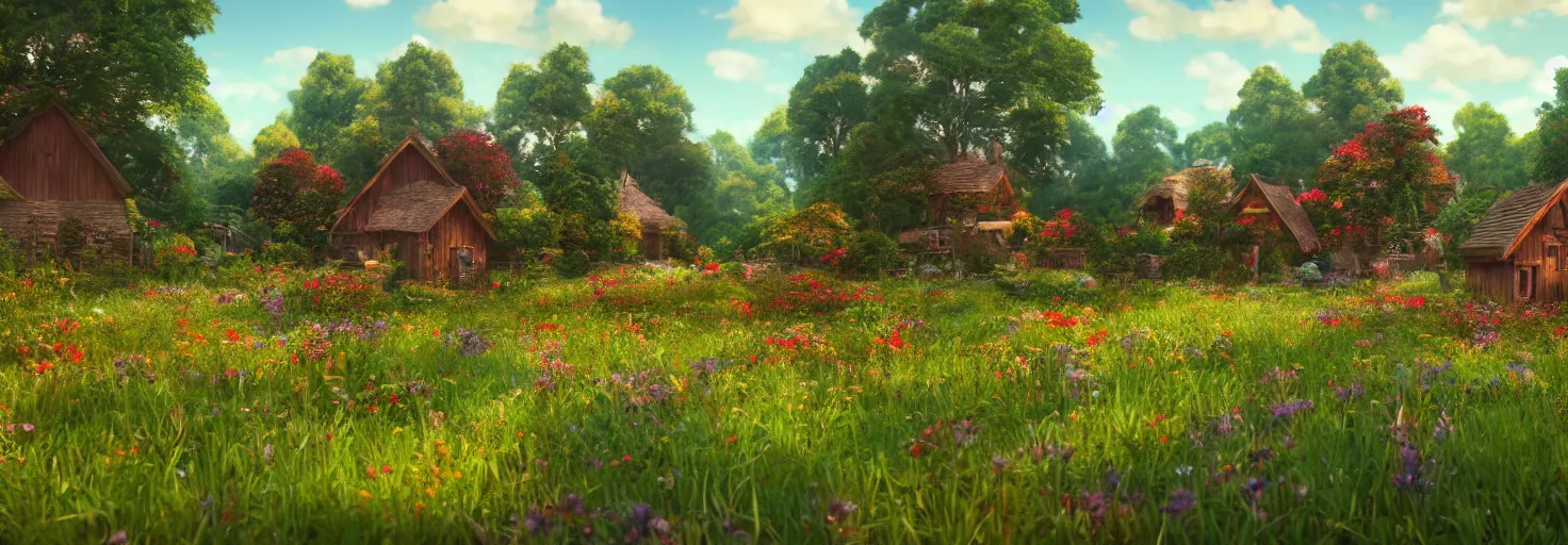 Prompt: a beautiful forest meadow village landscape flowers, crimson - black beehive, happy trees, photorealistic, octane render, rtx, hdr, unreal engine, digital art widescreen 8 k in the style of studio ghibli and bob ross and pixar and bee movie