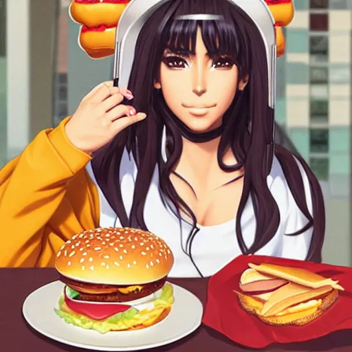 Prompt: anime manga profile Kim Kardashian eating a hamburger, extra bacon and cheese, iker helmet, unreal engine, intricate, elegant, highly detailed, digital art, art by JC Leyendecker and sachin teng