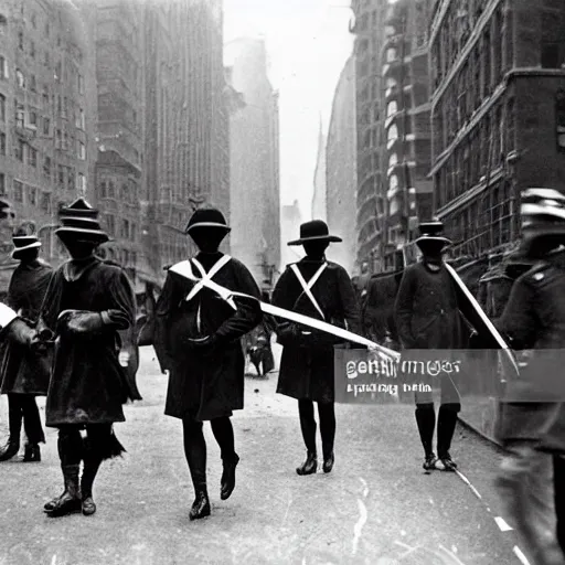 Prompt: old black and white photo, 1 9 1 3, depicting masked watchmen walking through the bustling streets of new york city, historical record