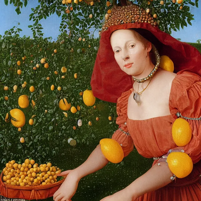 Prompt: a closeup portrait of a woman in a scuba helmet, wearing a dress made of beads, picking lemons in an orchard, color photograph, by jan van eyck, canon eos c 3 0 0, ƒ 1. 8, 3 5 mm, 8 k, medium - format print