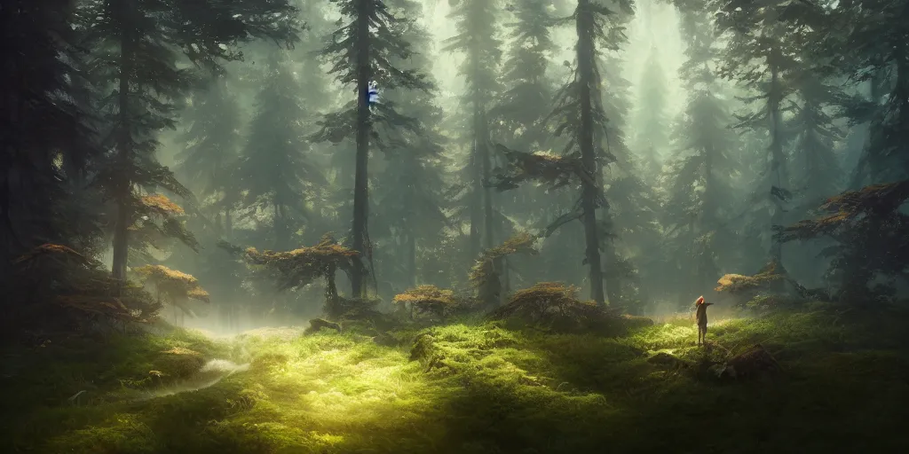 Prompt: a forest, highly detailed oil painting, Jessica Rossier, Studio Ghibli, digital art, octane render, beautiful composition, trending on artstation, masterpiece