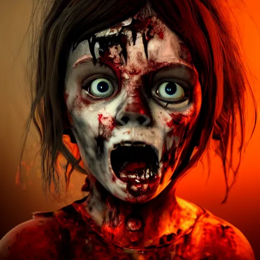 Image similar to angry female zombie toddler without eyes portrait, empty bloody - black eyesockets, horror core, apocalyptic, feeling of grimdark, sharp focus, fiction, hyper detailed, digital art, trending in artstation, cinematic lighting, studio quality, smooth render, unreal engine 5 rendered, octane rendered, art style and nixeu and wlop and krenz cushart