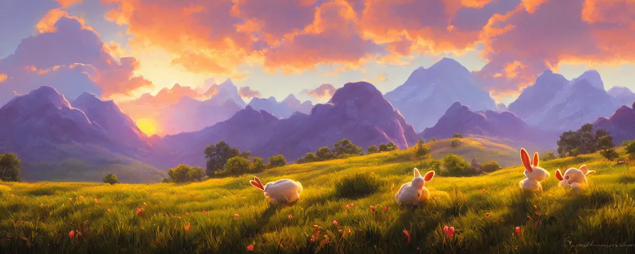 Image similar to cotton bunnies hopping around in a beautiful nature landscape with clouds, mountains, in background, sunset, by rhads