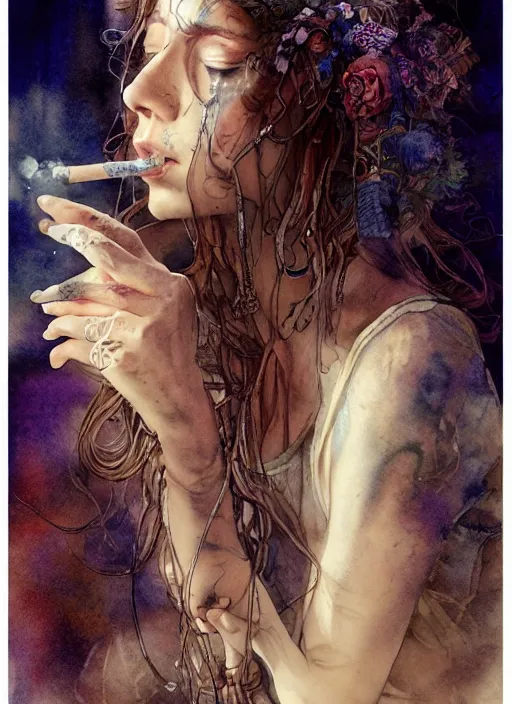 Image similar to portrait, beautiful Stoner hippy girl, sitting down, smoking a magical bong, watercolor, dramatic lighting, cinematic, establishing shot, extremely high detail, foto realistic, cinematic lighting, pen and ink, intricate line drawings, by Yoshitaka Amano, Ruan Jia, Kentaro Miura, Artgerm, post processed, concept art, artstation, matte painting, style by eddie mendoza, raphael lacoste, alex ross