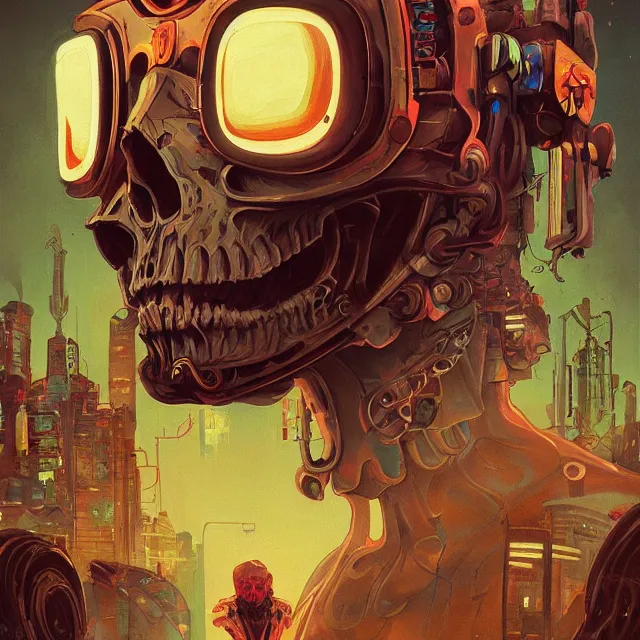 Image similar to a beautiful portrait painting of a ( ( cyberpunk ) ) skull by simon stalenhag! and pascal blanche and alphonse mucha!! and nekro!. in style of digital art. colorful comic, film noirs!, symmetry, hyper detailed. octane render. trending on artstation